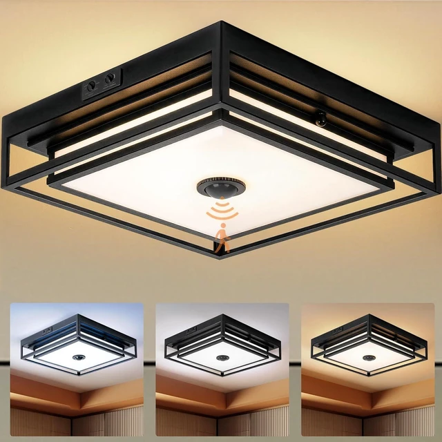 Main image of Large LED Motion Sensor Outdoor Ceiling Light 13" Square Flush Mount Lights