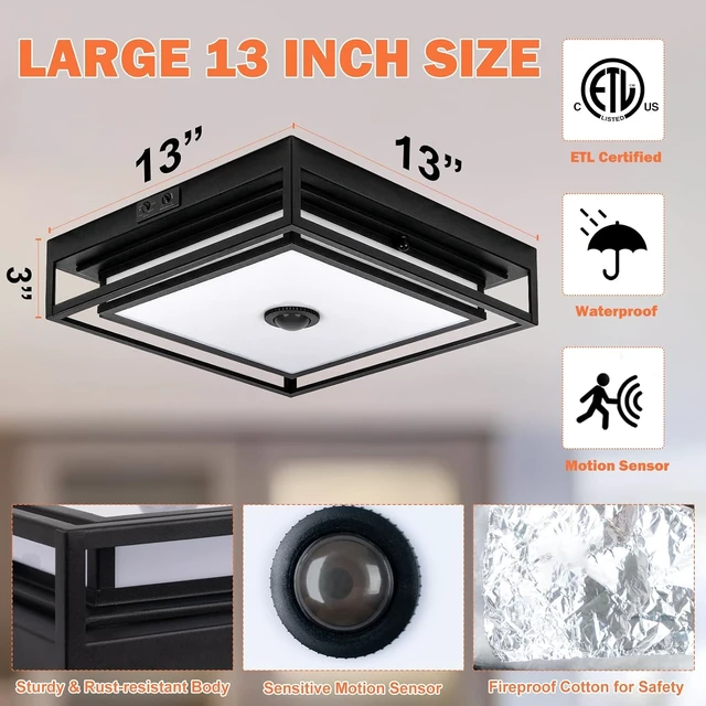 Alt view image 2 of 7 - Large LED Motion Sensor Outdoor Ceiling Light 13" Square Flush Mount Lights