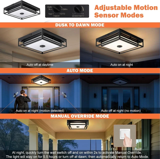 Alt view image 4 of 7 - Large LED Motion Sensor Outdoor Ceiling Light 13" Square Flush Mount Lights