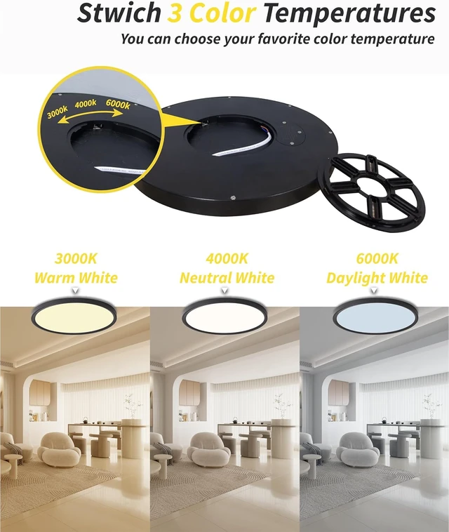 Alt view image 5 of 7 - 20 Inch Large LED Flush Mount Ceiling Light Fixture,Round 40w 4350lm 3000k,4000k,6000k CCT Selectable, Modern Flat Panel Super Slim Led Ceiling Light,for Living Dining Kitchen Room (2Pack-Black)