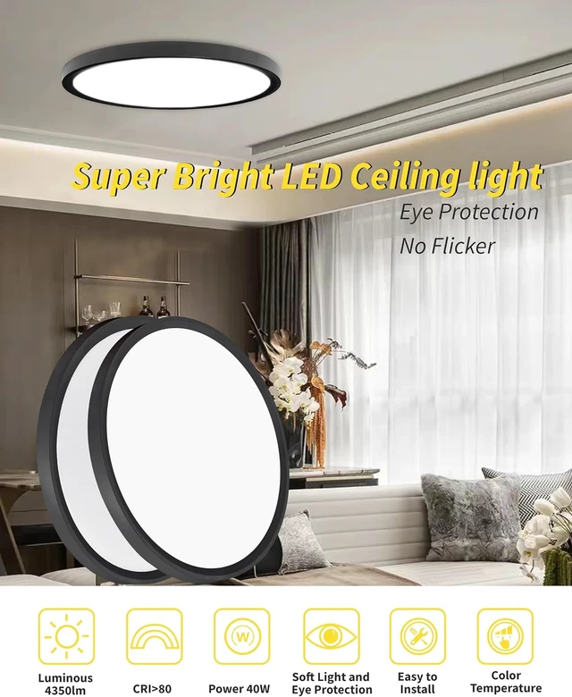 Alt view image 2 of 7 - 20 Inch Large LED Flush Mount Ceiling Light Fixture,Round 40w 4350lm 3000k,4000k,6000k CCT Selectable, Modern Flat Panel Super Slim Led Ceiling Light,for Living Dining Kitchen Room (2Pack-Black)