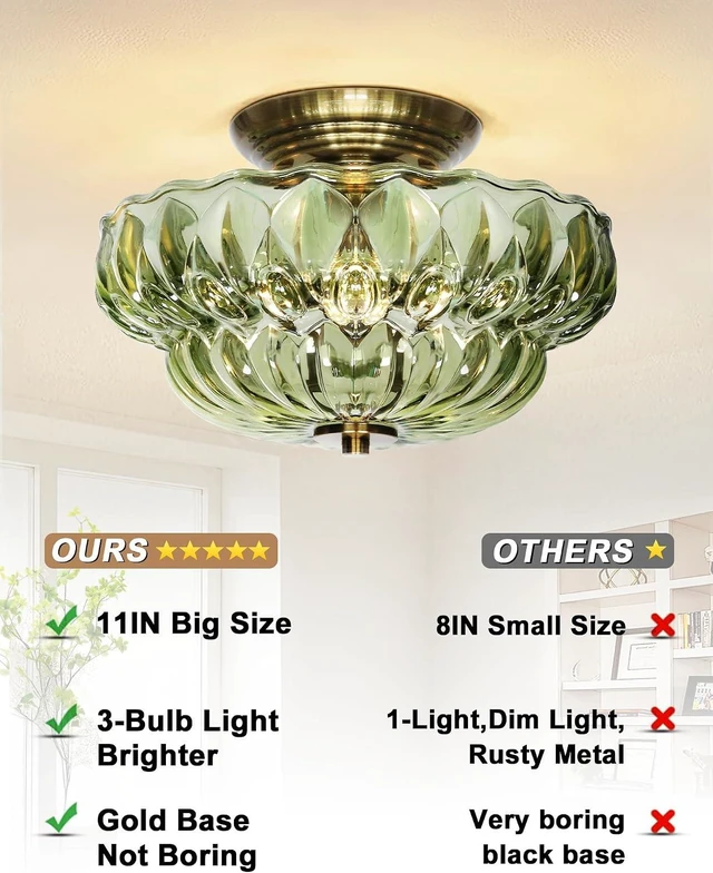 Alt view image 2 of 7 - 11" 3-Bulb Bright Semi Flush Mount Ceiling Light,Vintage Gold Hallway Light