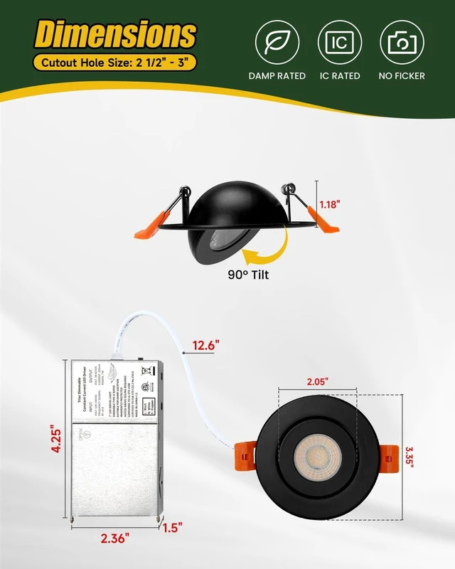 Alt view image 4 of 7 - ZYC Gimbal LED Recessed Lighting - 3 Inch 5CCT 7W 360° Rotation Adjustable Eyeball Light,LED Swivel Spotlight,Directional Sloped Ceiling Light,Dimmable Canless Wafer Downlight Pack of 6 Black.