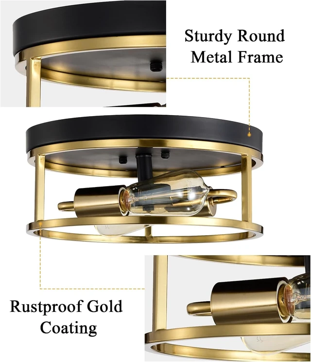 Alt view image 2 of 7 - Treekee 12" Ceiling Light Fixtures, Flush Mount Lighting Round, Gold Metal Finish, Vintage Retro and Modern Industrial Charm Ceiling Lamp for Bedroom Hallway Foyer Entryway