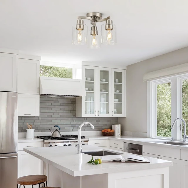 Alt view image 2 of 7 - WILON Semi Flush Mount Ceiling Light Fixture, 3-Light Brushed Nickel Kitchen Light Fixture with Clear Glass Shade, Modern Ceiling Light for Kitchen Hallway Entry Way Bedroom Foyer