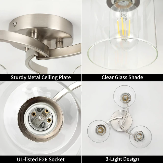Alt view image 4 of 7 - WILON Semi Flush Mount Ceiling Light Fixture, 3-Light Brushed Nickel Kitchen Light Fixture with Clear Glass Shade, Modern Ceiling Light for Kitchen Hallway Entry Way Bedroom Foyer