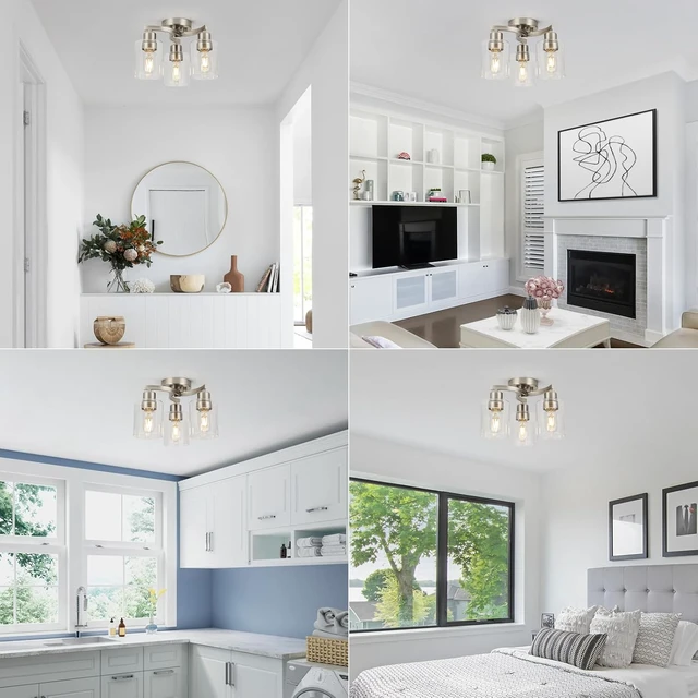 Alt view image 7 of 7 - WILON Semi Flush Mount Ceiling Light Fixture, 3-Light Brushed Nickel Kitchen Light Fixture with Clear Glass Shade, Modern Ceiling Light for Kitchen Hallway Entry Way Bedroom Foyer