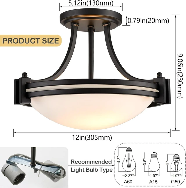 Alt view image 3 of 7 - Modern Black Semi Flush Mount Ceiling Light with Milk Glass 12"