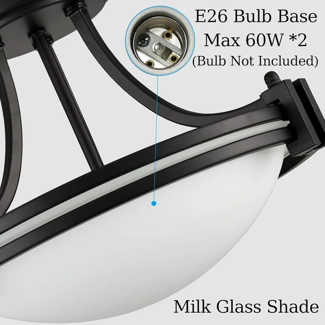 Alt view image 4 of 7 - Modern Black Semi Flush Mount Ceiling Light with Milk Glass 12"