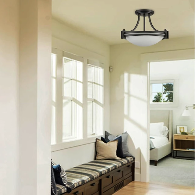 Alt view image 6 of 7 - Modern Black Semi Flush Mount Ceiling Light with Milk Glass 12"