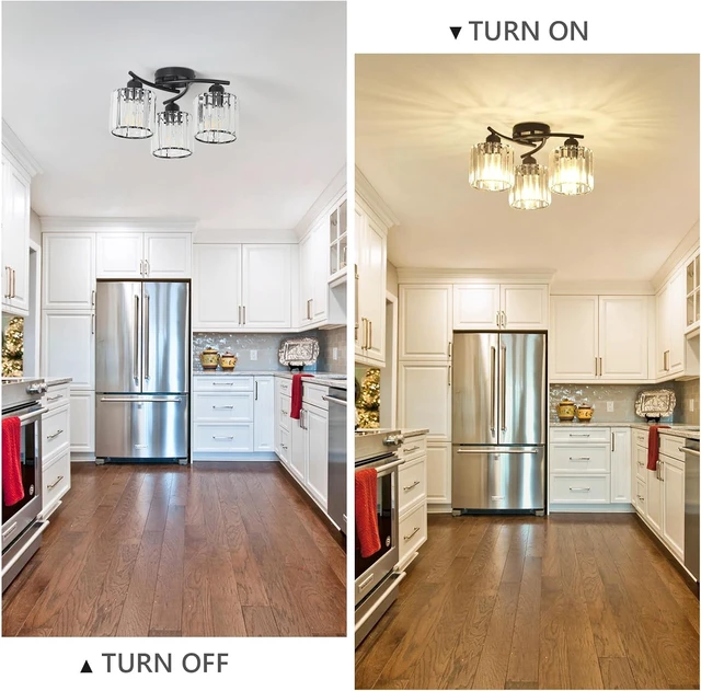 Alt view image 2 of 7 - Crystal Semi Flush Mount Ceiling Light,3-Light Black Close to Ceiling Light Fixtures,Kitchen Light Fixture with Clear Crystal Shades,Hallway Light Fixtures for Kitchen Entryway Bedroom Bathroom