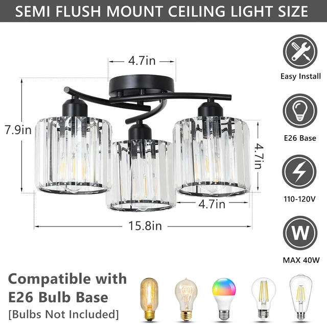 Alt view image 4 of 7 - Crystal Semi Flush Mount Ceiling Light,3-Light Black Close to Ceiling Light Fixtures,Kitchen Light Fixture with Clear Crystal Shades,Hallway Light Fixtures for Kitchen Entryway Bedroom Bathroom