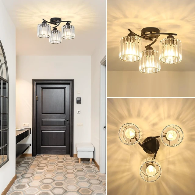 Alt view image 5 of 7 - Crystal Semi Flush Mount Ceiling Light,3-Light Black Close to Ceiling Light Fixtures,Kitchen Light Fixture with Clear Crystal Shades,Hallway Light Fixtures for Kitchen Entryway Bedroom Bathroom