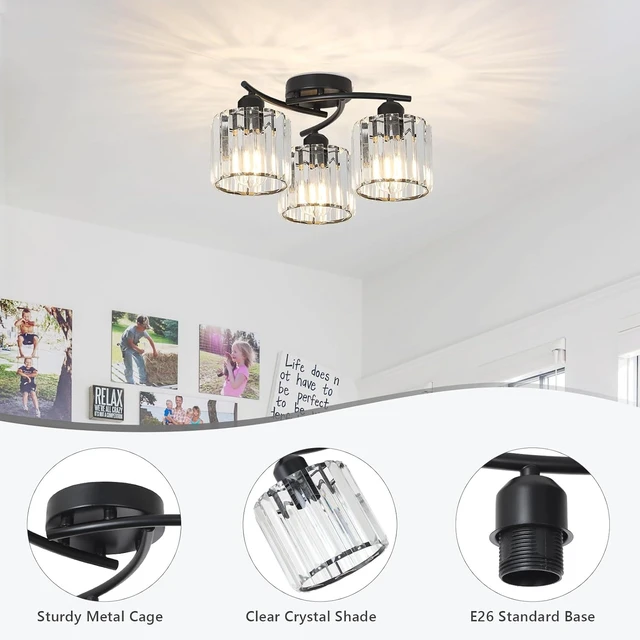 Alt view image 6 of 7 - Crystal Semi Flush Mount Ceiling Light,3-Light Black Close to Ceiling Light Fixtures,Kitchen Light Fixture with Clear Crystal Shades,Hallway Light Fixtures for Kitchen Entryway Bedroom Bathroom