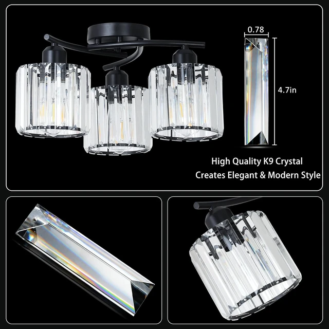 Alt view image 7 of 7 - Crystal Semi Flush Mount Ceiling Light,3-Light Black Close to Ceiling Light Fixtures,Kitchen Light Fixture with Clear Crystal Shades,Hallway Light Fixtures for Kitchen Entryway Bedroom Bathroom