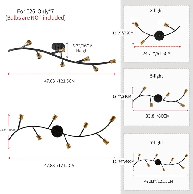 Alt view image 3 of 7 - Black and Gold Modern Sputnik Semi Flush Mount Ceiling Light Fixture 7-Lights,Mid Centur Minimalist sputnik Chandelier for Living Room,Dining Room,Bedroom,Kitchen,Hallway(Bulbs Not Included)