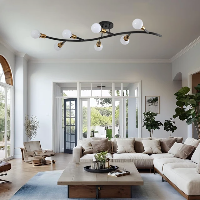Alt view image 4 of 7 - Black and Gold Modern Sputnik Semi Flush Mount Ceiling Light Fixture 7-Lights,Mid Centur Minimalist sputnik Chandelier for Living Room,Dining Room,Bedroom,Kitchen,Hallway(Bulbs Not Included)