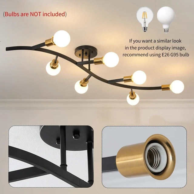 Alt view image 6 of 7 - Black and Gold Modern Sputnik Semi Flush Mount Ceiling Light Fixture 7-Lights,Mid Centur Minimalist sputnik Chandelier for Living Room,Dining Room,Bedroom,Kitchen,Hallway(Bulbs Not Included)