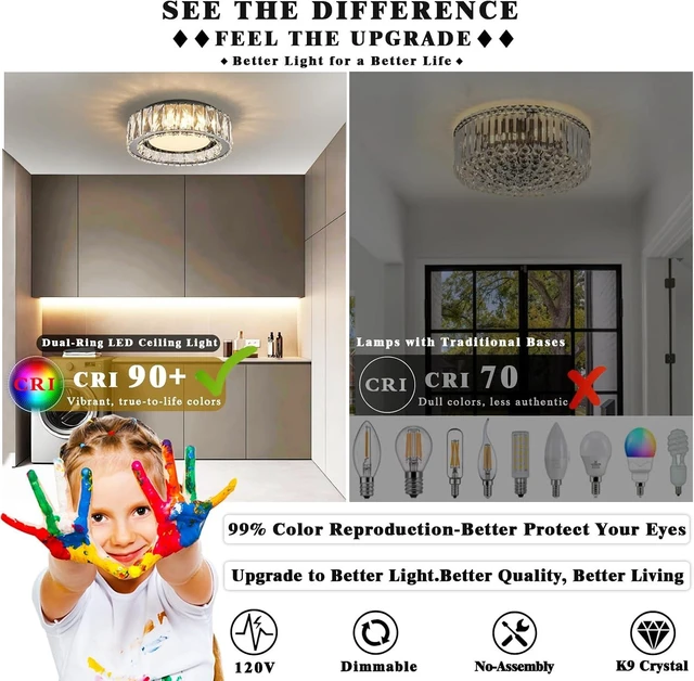 Alt view image 5 of 7 - Dimmable Crystal Flush Mount Ceiling Light,LED 5CCT 2700K-6000K,BK,24W,11