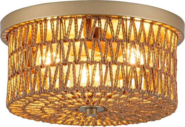 Main image of Rattan Ceiling Light, 3 Light Boho Light Fixture, Round Woven Flush Mount Ceiling Light for Entryway, Hallway, Bedroom, Kitchen