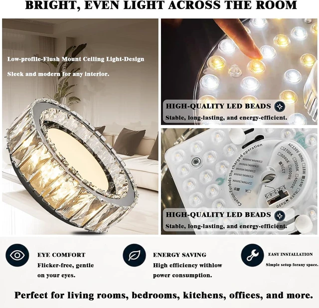 Alt view image 6 of 7 - Dimmable Crystal Flush Mount Ceiling Light,LED 5CCT 2700K-6000K,BK,24W,11