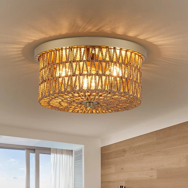 Alt view image 2 of 7 - Rattan Ceiling Light, 3 Light Boho Light Fixture, Round Woven Flush Mount Ceiling Light for Entryway, Hallway, Bedroom, Kitchen