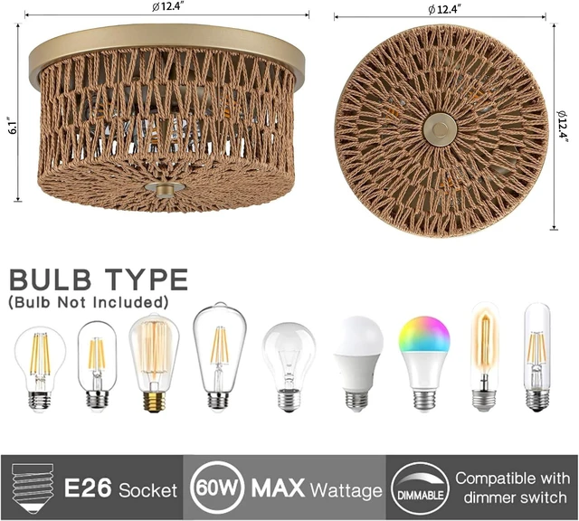 Alt view image 3 of 7 - Rattan Ceiling Light, 3 Light Boho Light Fixture, Round Woven Flush Mount Ceiling Light for Entryway, Hallway, Bedroom, Kitchen