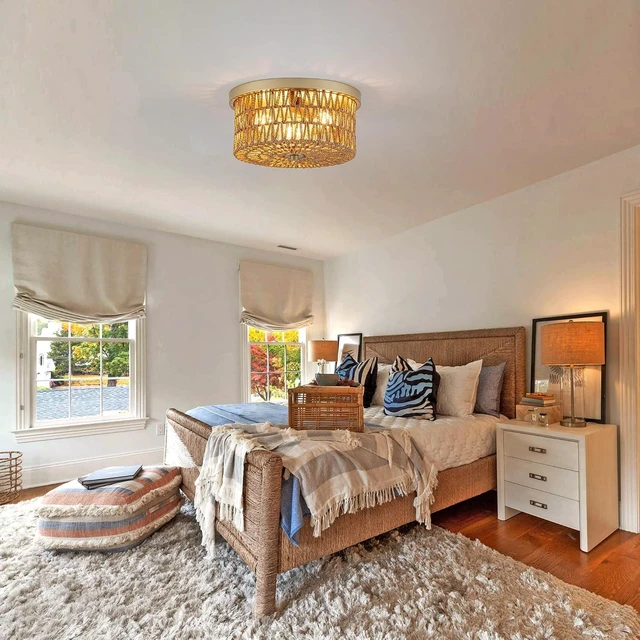 Alt view image 5 of 7 - Rattan Ceiling Light, 3 Light Boho Light Fixture, Round Woven Flush Mount Ceiling Light for Entryway, Hallway, Bedroom, Kitchen