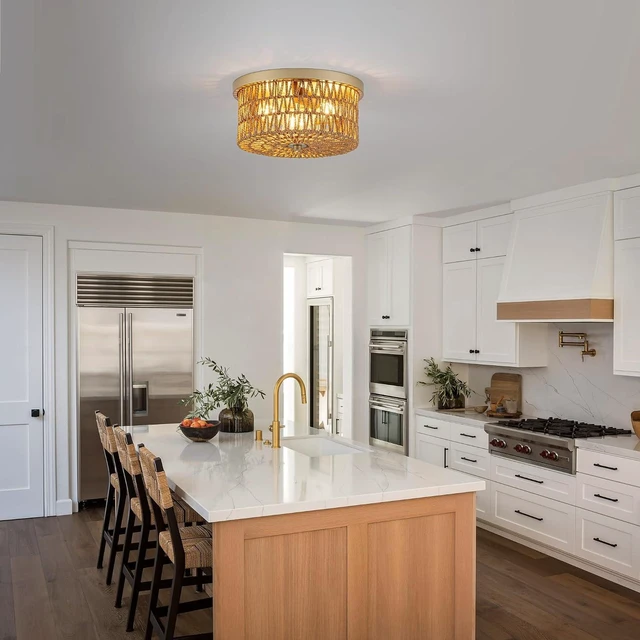 Alt view image 6 of 7 - Rattan Ceiling Light, 3 Light Boho Light Fixture, Round Woven Flush Mount Ceiling Light for Entryway, Hallway, Bedroom, Kitchen