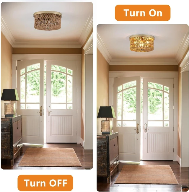 Alt view image 7 of 7 - Rattan Ceiling Light, 3 Light Boho Light Fixture, Round Woven Flush Mount Ceiling Light for Entryway, Hallway, Bedroom, Kitchen