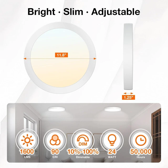 Alt view image 2 of 6 - Sylvania 12" LED Flush Mount Ceiling Light Fixture, 24W, 5 Color Select (2700K - 5000K), 1600 LMS, Hardwired, White, LED Lights for Bedroom Kitchen Hallway Porch - 1 Pack (66462)