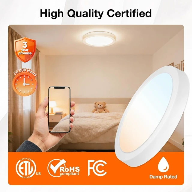 Alt view image 3 of 6 - Sylvania 12" LED Flush Mount Ceiling Light Fixture, 24W, 5 Color Select (2700K - 5000K), 1600 LMS, Hardwired, White, LED Lights for Bedroom Kitchen Hallway Porch - 1 Pack (66462)