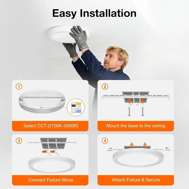 Alt view image 6 of 6 - Sylvania 12" LED Flush Mount Ceiling Light Fixture, 24W, 5 Color Select (2700K - 5000K), 1600 LMS, Hardwired, White, LED Lights for Bedroom Kitchen Hallway Porch - 1 Pack (66462)