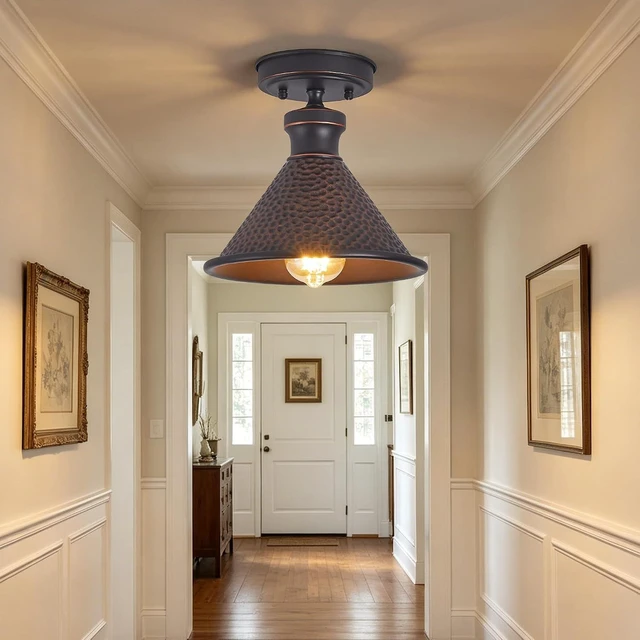 Main image of Tarentlight 9.2" Industrial Semi Flush Mount Ceiling Light,Vintage Hammered Pattern Cast Aluminum Shade,1-Light E26 Classic Lamp,Oil Rubbed Bronze Farmhouse Lighting for Hallway Kitchen Entryway.