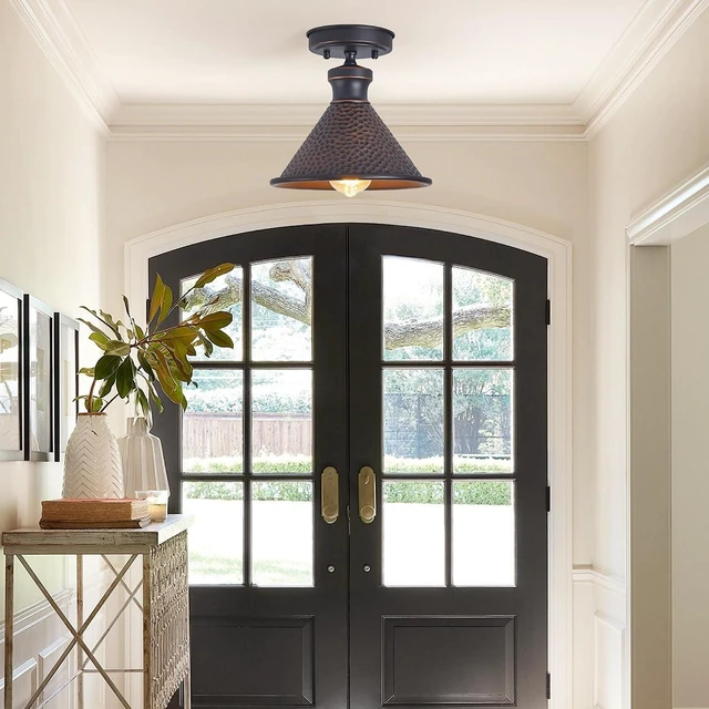 Alt view image 2 of 7 - Tarentlight 9.2" Industrial Semi Flush Mount Ceiling Light,Vintage Hammered Pattern Cast Aluminum Shade,1-Light E26 Classic Lamp,Oil Rubbed Bronze Farmhouse Lighting for Hallway Kitchen Entryway.