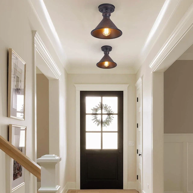 Alt view image 3 of 7 - Tarentlight 9.2" Industrial Semi Flush Mount Ceiling Light,Vintage Hammered Pattern Cast Aluminum Shade,1-Light E26 Classic Lamp,Oil Rubbed Bronze Farmhouse Lighting for Hallway Kitchen Entryway.