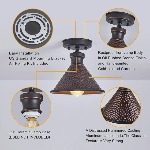Alt view image 4 of 7 - Tarentlight 9.2" Industrial Semi Flush Mount Ceiling Light,Vintage Hammered Pattern Cast Aluminum Shade,1-Light E26 Classic Lamp,Oil Rubbed Bronze Farmhouse Lighting for Hallway Kitchen Entryway.