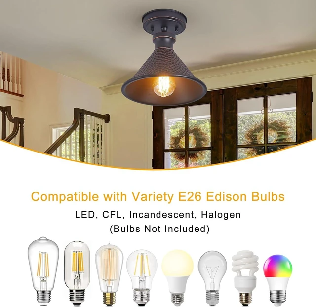 Alt view image 6 of 7 - Tarentlight 9.2" Industrial Semi Flush Mount Ceiling Light,Vintage Hammered Pattern Cast Aluminum Shade,1-Light E26 Classic Lamp,Oil Rubbed Bronze Farmhouse Lighting for Hallway Kitchen Entryway.