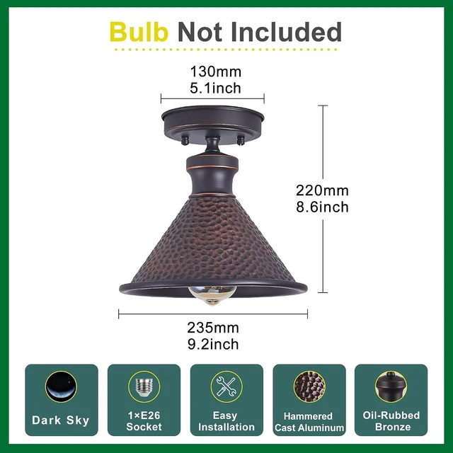 Alt view image 5 of 7 - Tarentlight 9.2" Industrial Semi Flush Mount Ceiling Light,Vintage Hammered Pattern Cast Aluminum Shade,1-Light E26 Classic Lamp,Oil Rubbed Bronze Farmhouse Lighting for Hallway Kitchen Entryway.