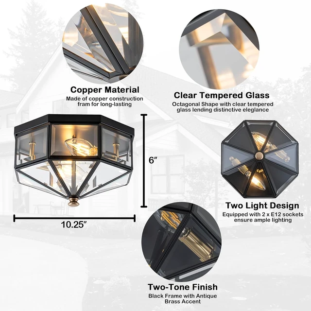Alt view image 3 of 7 - 10.25 Inch Copper Outdoor Flush Mount Ceiling Light Fixture