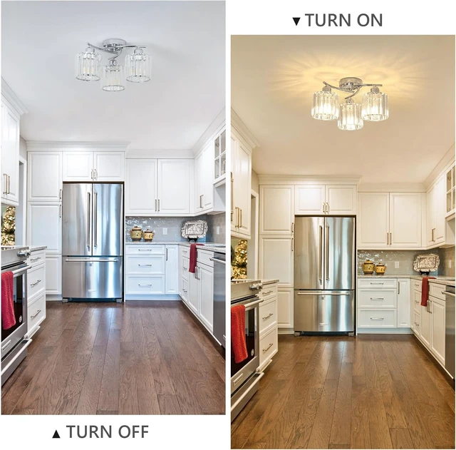Alt view image 2 of 7 - Crystal Close to Ceiling Light Fixtures,3-Light Chrome Modern Semi Flush Mount Ceiling Light,Kitchen Light Fixture with Clear Crystal Shades,Hallway Lighting Fixture for Entryway Bedroom Bathroom
