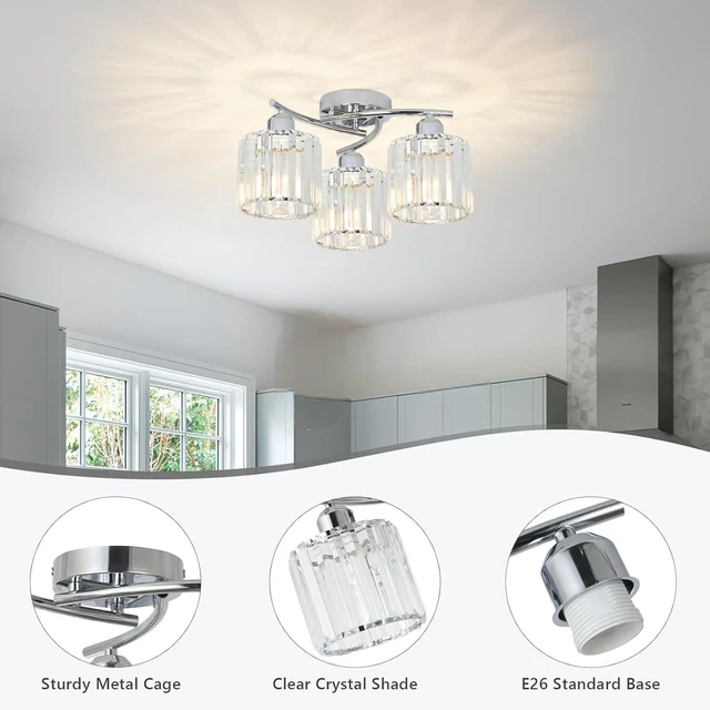 Alt view image 4 of 7 - Crystal Close to Ceiling Light Fixtures,3-Light Chrome Modern Semi Flush Mount Ceiling Light,Kitchen Light Fixture with Clear Crystal Shades,Hallway Lighting Fixture for Entryway Bedroom Bathroom