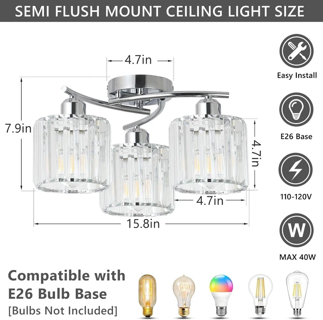 Alt view image 5 of 7 - Crystal Close to Ceiling Light Fixtures,3-Light Chrome Modern Semi Flush Mount Ceiling Light,Kitchen Light Fixture with Clear Crystal Shades,Hallway Lighting Fixture for Entryway Bedroom Bathroom