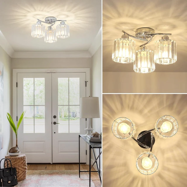 Alt view image 6 of 7 - Crystal Close to Ceiling Light Fixtures,3-Light Chrome Modern Semi Flush Mount Ceiling Light,Kitchen Light Fixture with Clear Crystal Shades,Hallway Lighting Fixture for Entryway Bedroom Bathroom
