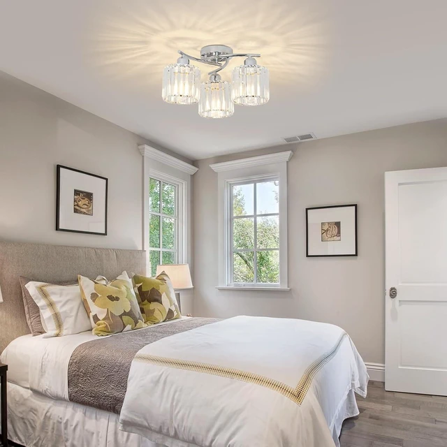 Alt view image 7 of 7 - Crystal Close to Ceiling Light Fixtures,3-Light Chrome Modern Semi Flush Mount Ceiling Light,Kitchen Light Fixture with Clear Crystal Shades,Hallway Lighting Fixture for Entryway Bedroom Bathroom