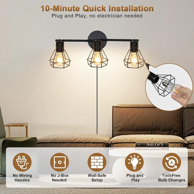 Alt view image 4 of 7 - LTBLIGHT 3-Light Plug in Ceiling Light with 16.4ft Power Cord & Switch