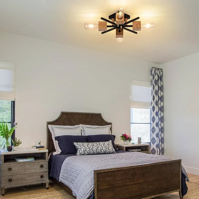 Alt view image 3 of 7 - Sputnik Ceiling Light, Black Wood Farmhouse Flush Mount for Kitchen