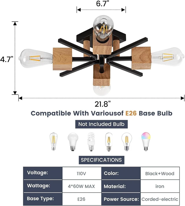 Alt view image 4 of 7 - Sputnik Ceiling Light, Black Wood Farmhouse Flush Mount for Kitchen