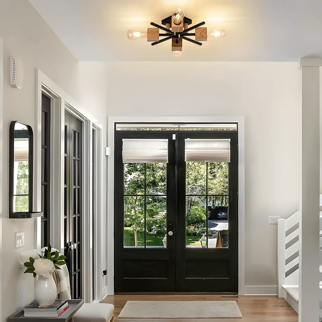 Alt view image 5 of 7 - Sputnik Ceiling Light, Black Wood Farmhouse Flush Mount for Kitchen