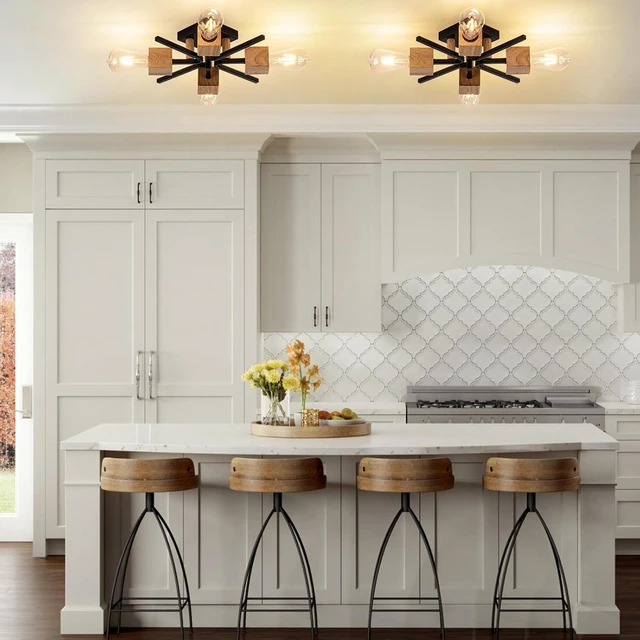 Alt view image 7 of 7 - Sputnik Ceiling Light, Black Wood Farmhouse Flush Mount for Kitchen